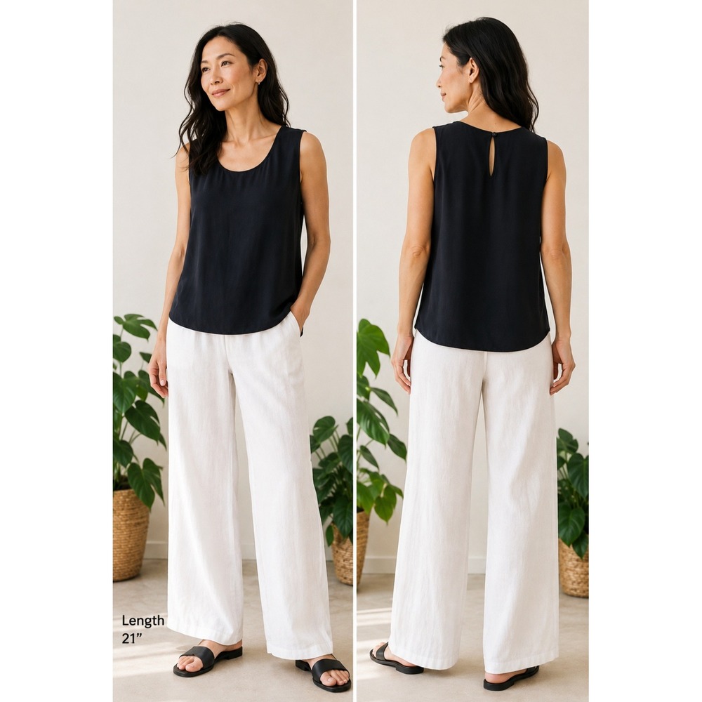 Eileen Fisher Black 100% Silk Sleeveless Scoop Neck Shell Top Keyhole Back M